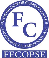 Logo azul y blanco de FECOPSE - Federacion Comerciantes Queretaro. A scam by Mauricio Kuri